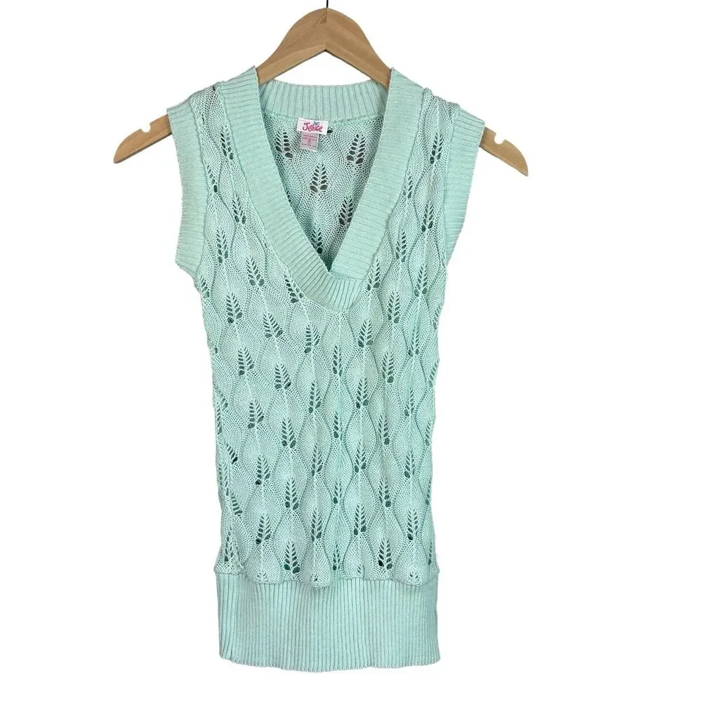 Vintage Y2K Justice Sweater Girls M Mint Green Open Knit Collegiate Preppy Fairy